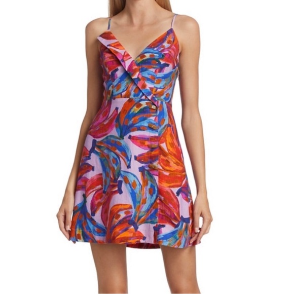 Farm Rio Colored Banana Wrap Mini Dress Linen - Picture 2 of 12